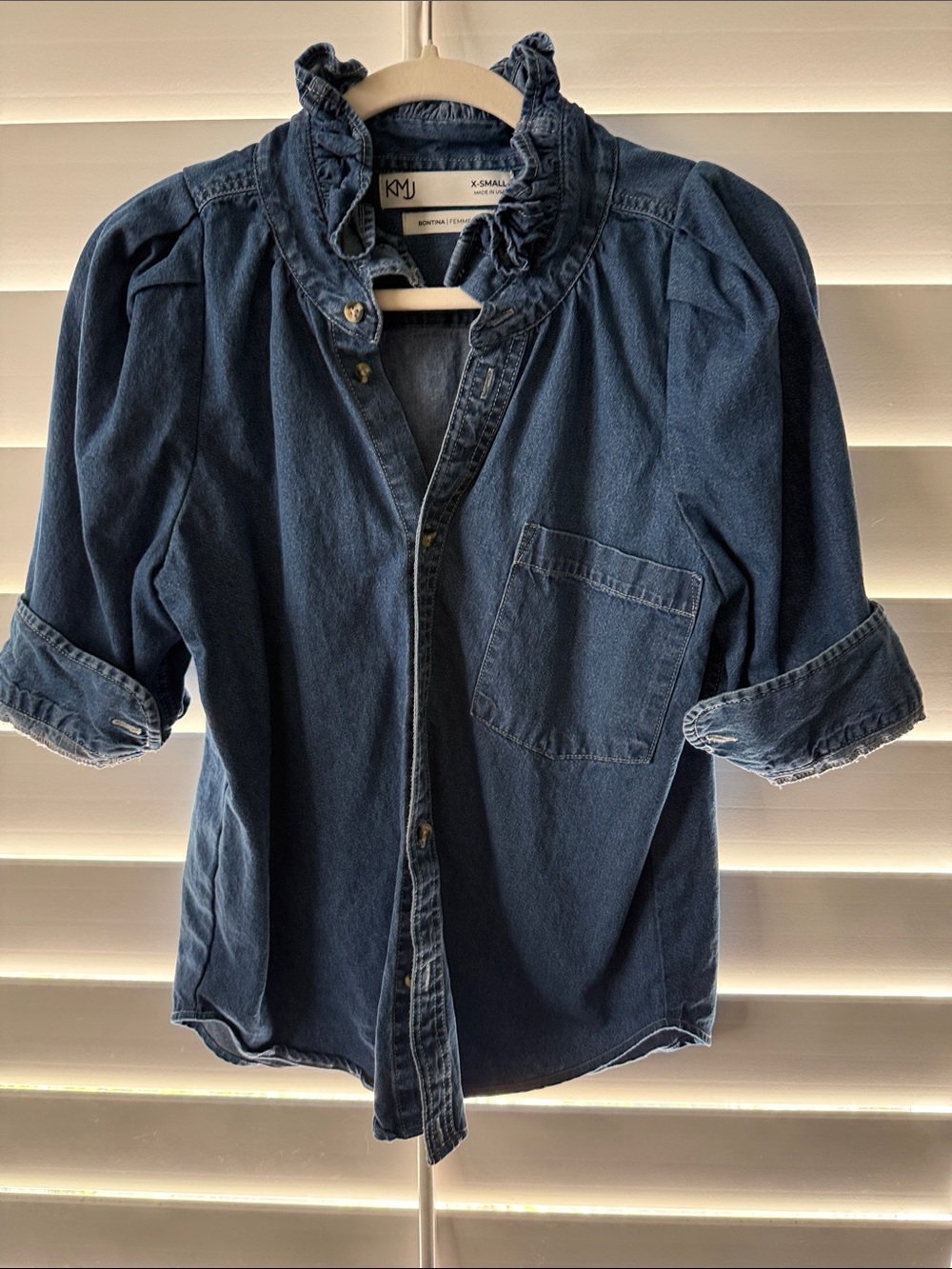 KMJ Bontina Light Denim Ruffle Collar Blouse